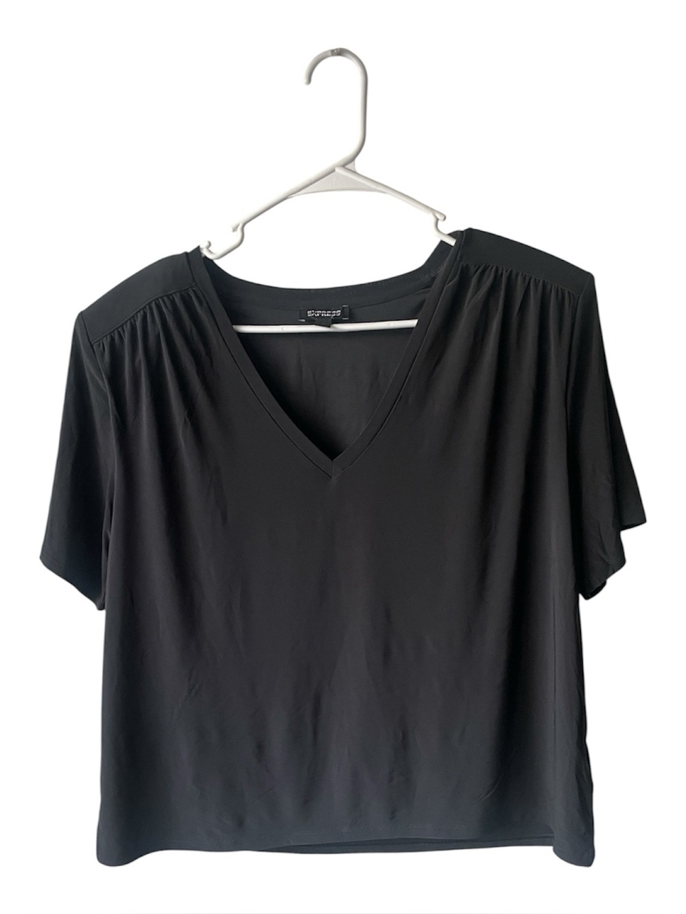 Express Black V-Neck Short Sleeve Blouse with shoulder pads